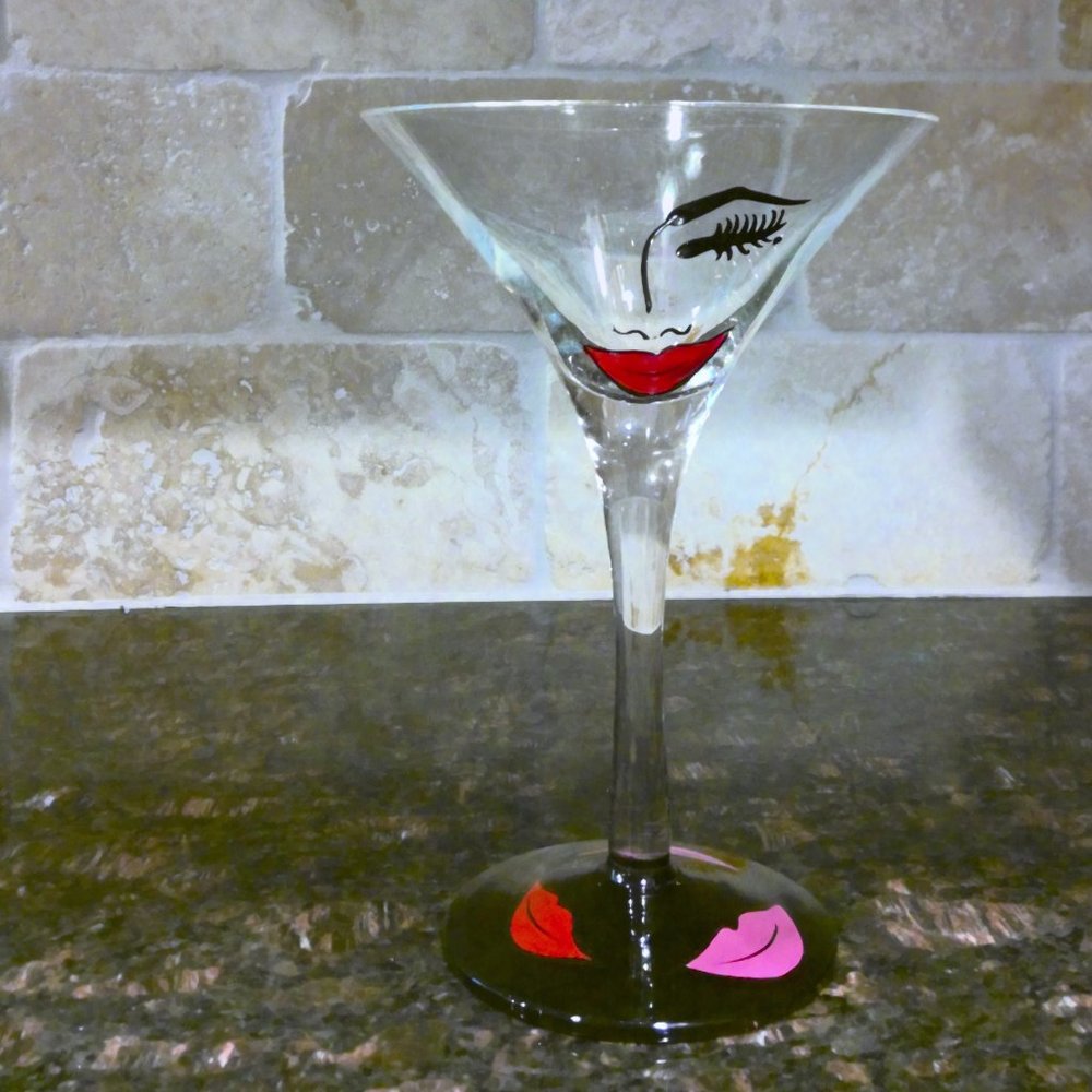 Lolita Flirtini Martini Cocktail Glass Recipe on Bottom Hand Painted